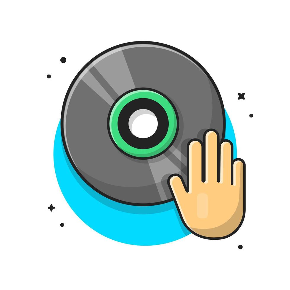 música de disco de vinilo con ilustración de icono de vector de dibujos animados de música de dj de mano. concepto de icono de objeto de recreación vector premium aislado. estilo de dibujos animados plana