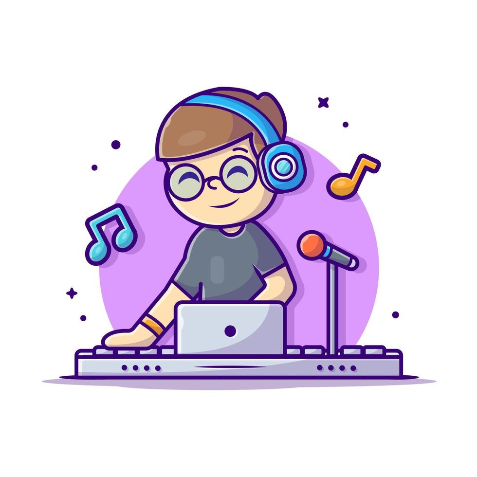 Happy Cute Disk Jockey Performance with Headphone  Cartoon Vector Icon Illustration. People Art Icon Concept  Isolated Premium Vector. Flat Cartoon Style