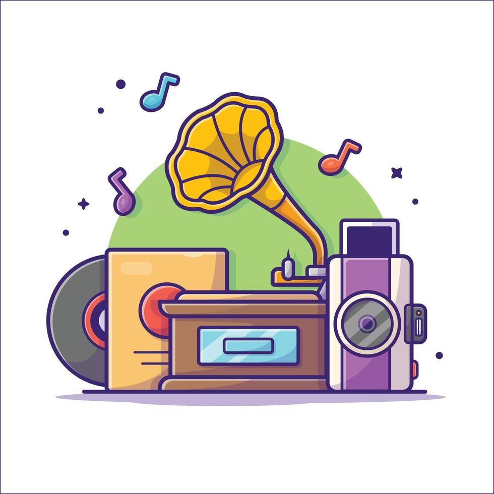 reproductor de música antiguo con gramófono, cámara e ilustración de icono de vector de dibujos animados de música de vinilo. tecnología arte icono concepto aislado premium vector. estilo de dibujos animados plana