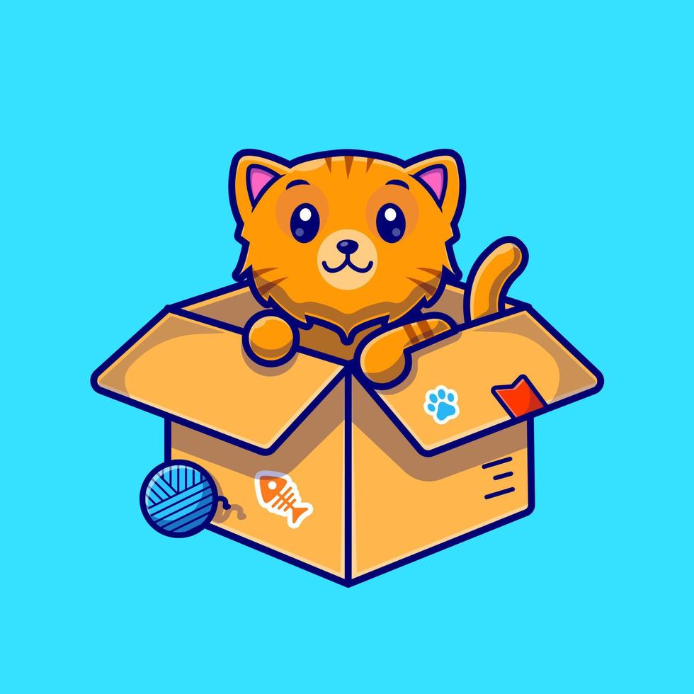 lindo gato en la ilustración de icono de vector de dibujos animados de caja. concepto de icono de naturaleza animal vector premium aislado. estilo de dibujos animados plana