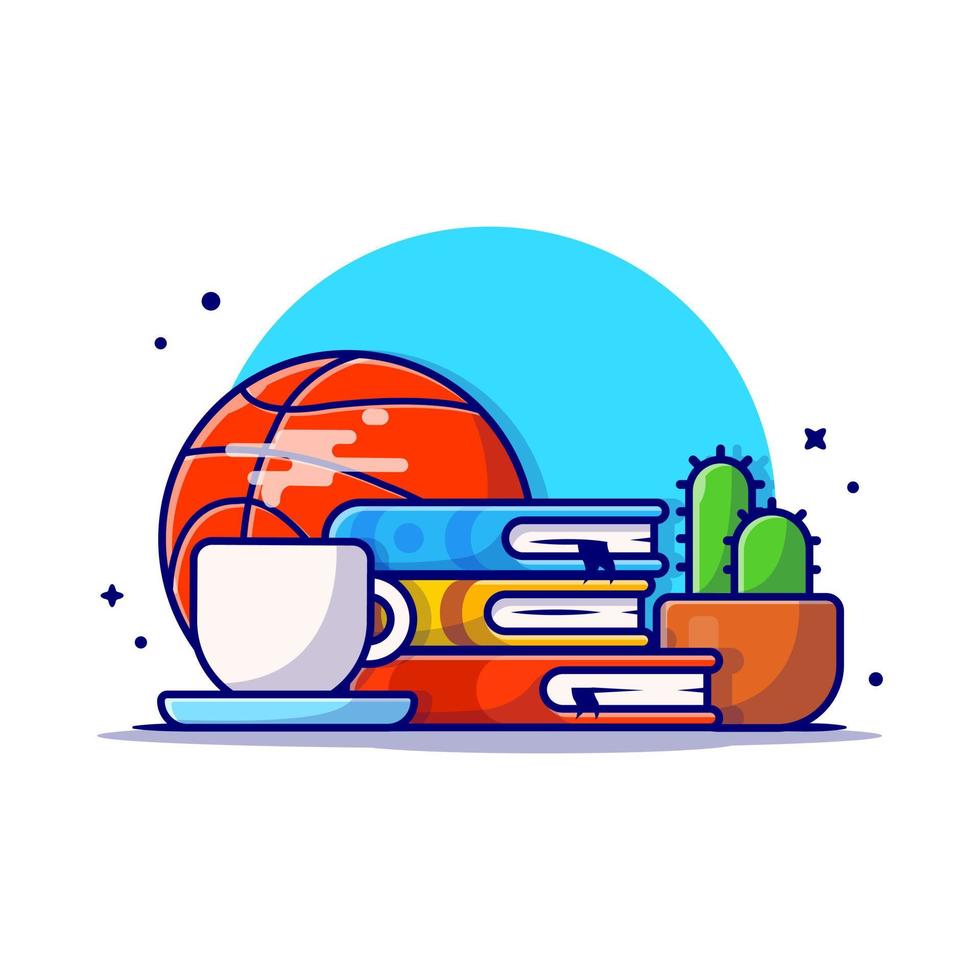 Reading with Basket Ball, Coffee, Cactus, and Books Cartoon  Vector Icon Illustration. Education Object Icon Concept  Isolated Premium Vector. Flat Cartoon Style