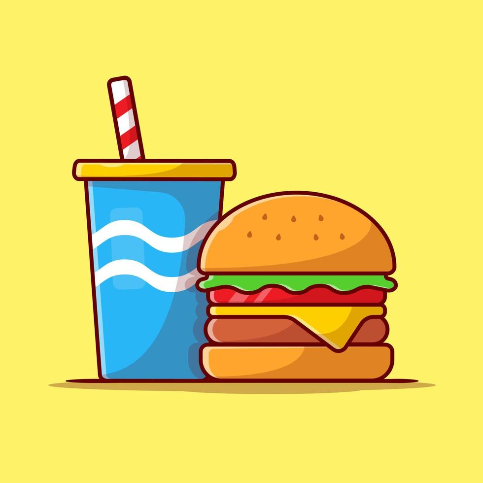 ilustración de icono de vector de dibujos animados de hamburguesa y refresco. concepto de icono de comida y bebida vector premium aislado. estilo de dibujos animados plana