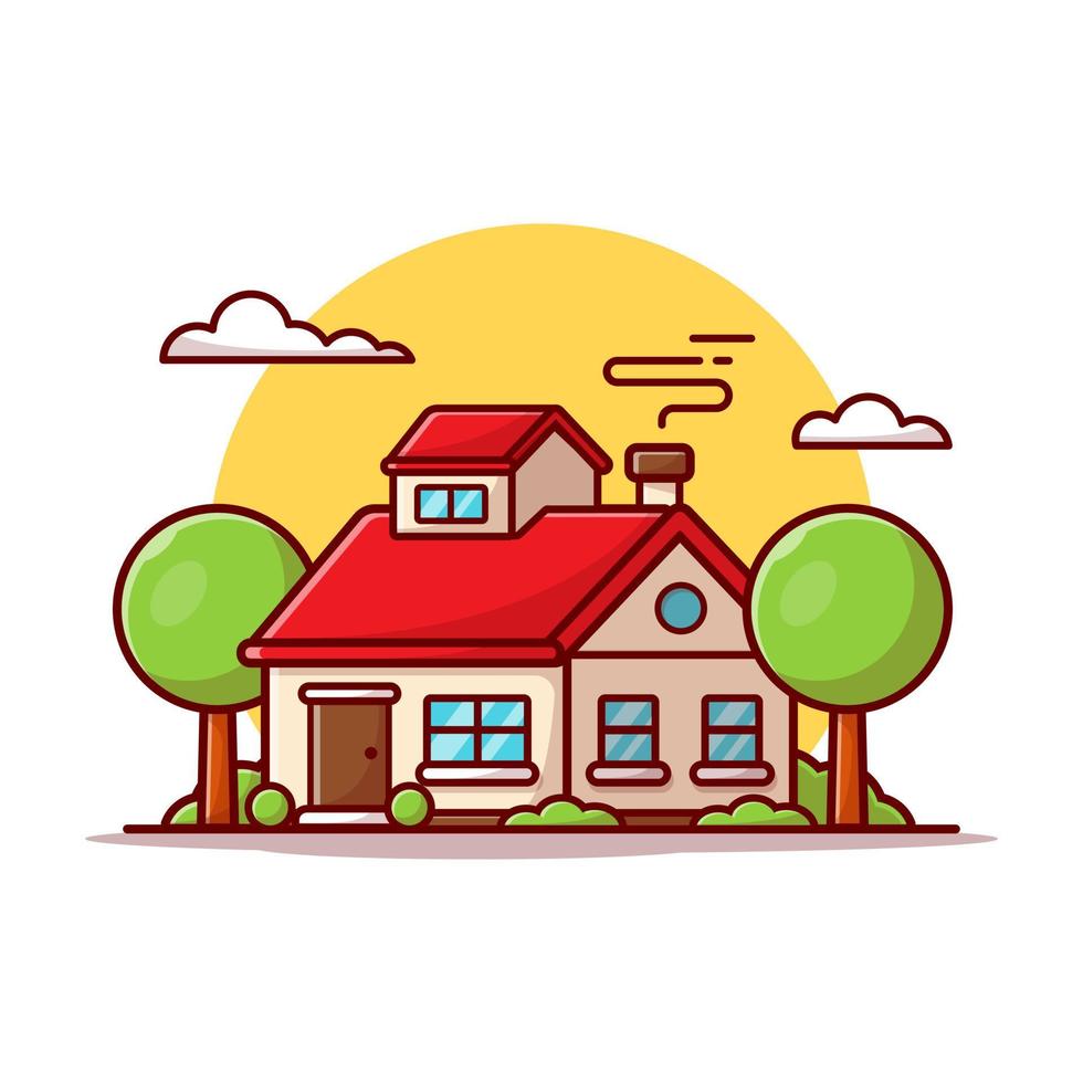 Beautiful House with Clouds and Sunset Cartoon Vector Icon  Illustration. Building Landmark Icon Concept Isolated  Premium Vector. Flat Cartoon Style