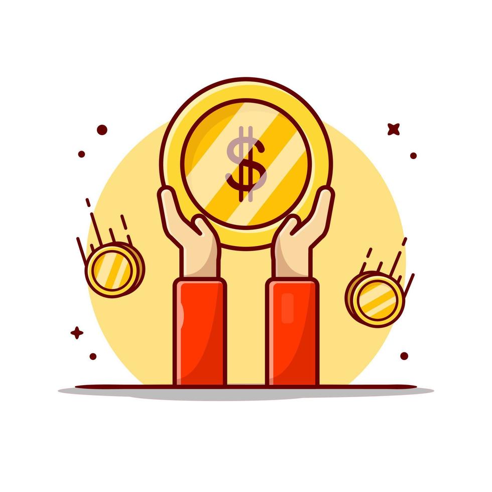 manos con bolsa de dinero y moneda de oro. ilustración de icono de vector de dibujos animados. concepto de objeto financiero vector premium aislado. estilo de dibujos animados plana