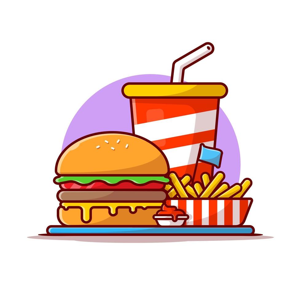 ilustración de icono de vector de dibujos animados de hamburguesa, papas fritas y soda. concepto de icono de comida y bebida vector premium aislado. estilo de dibujos animados plana