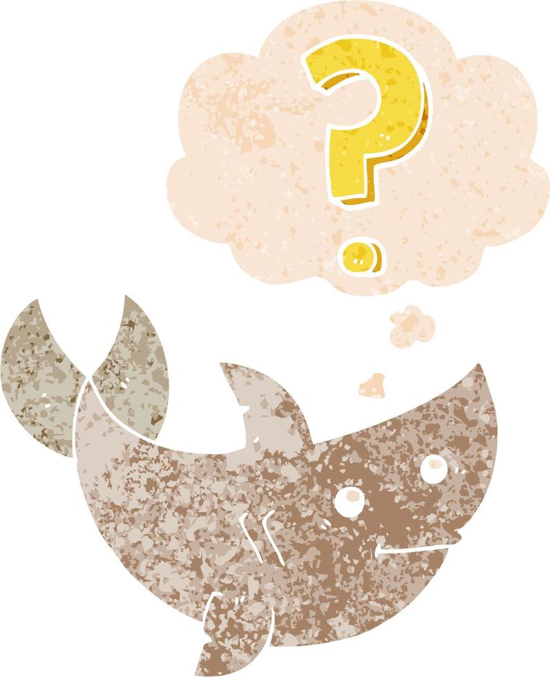 cartoon shark asking question and thought bubble in retro textured style vector