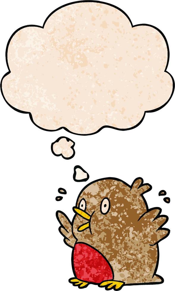 cartoon excited robin and thought bubble in grunge texture pattern style vector