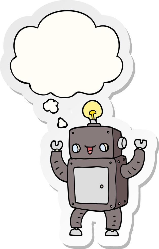 cartoon happy robot and thought bubble as a printed sticker vector