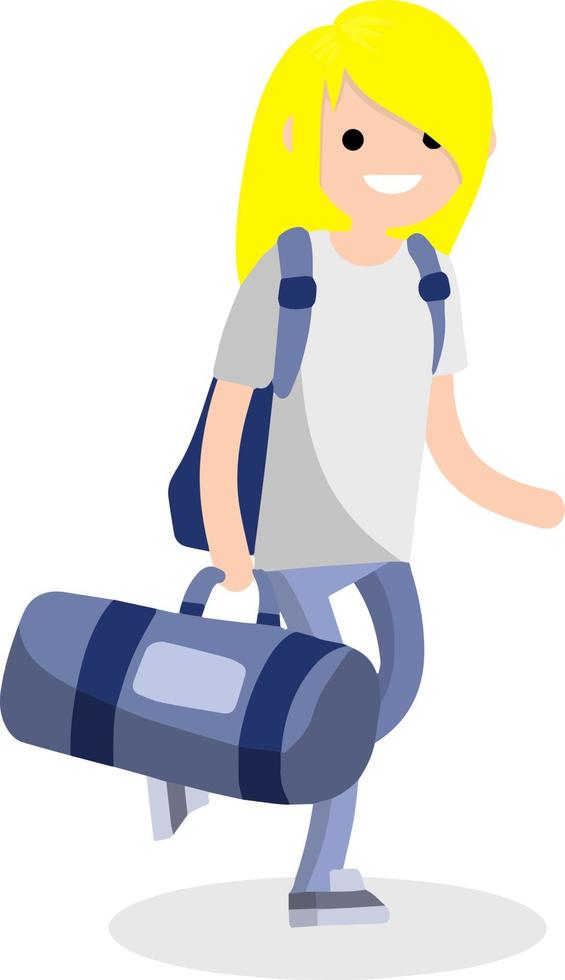 la chica corre con una gran bolsa deportiva azul. vector