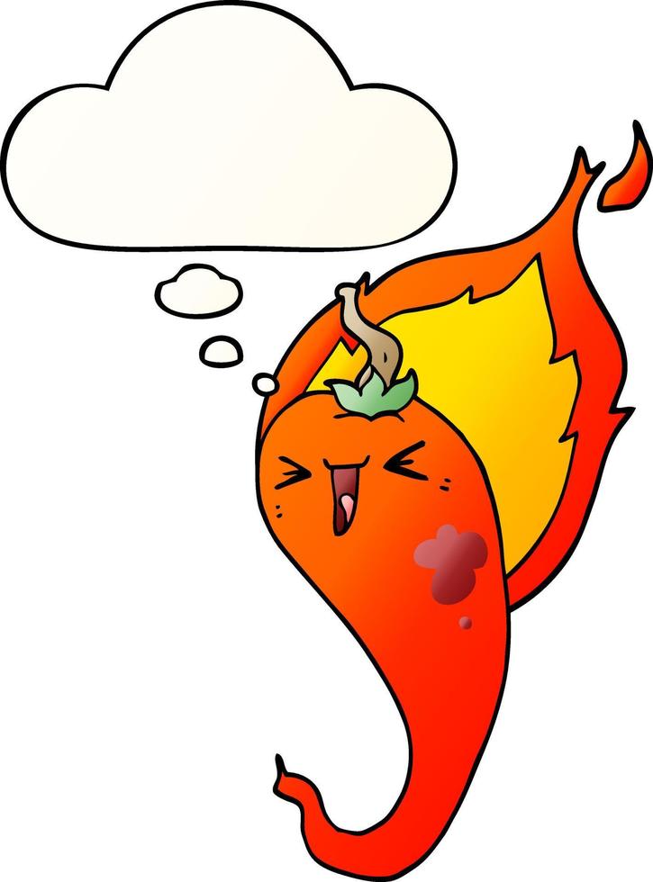 cartoon flaming hot chili pepper and thought bubble in smooth gradient style vector