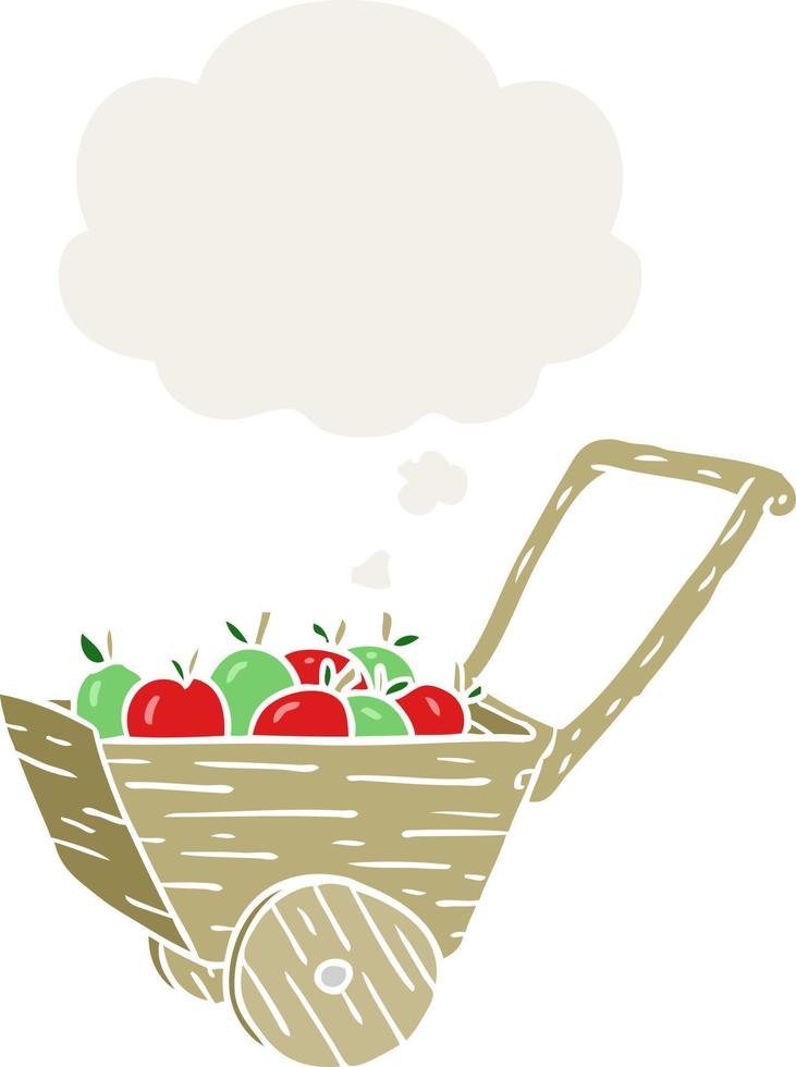 cartoon apple cart and thought bubble in retro style vector