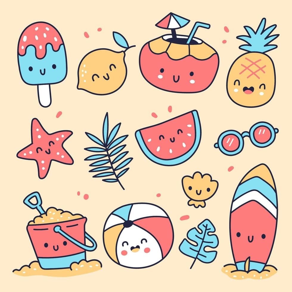 colección de elementos de verano kawaii lindo dibujado a mano vector