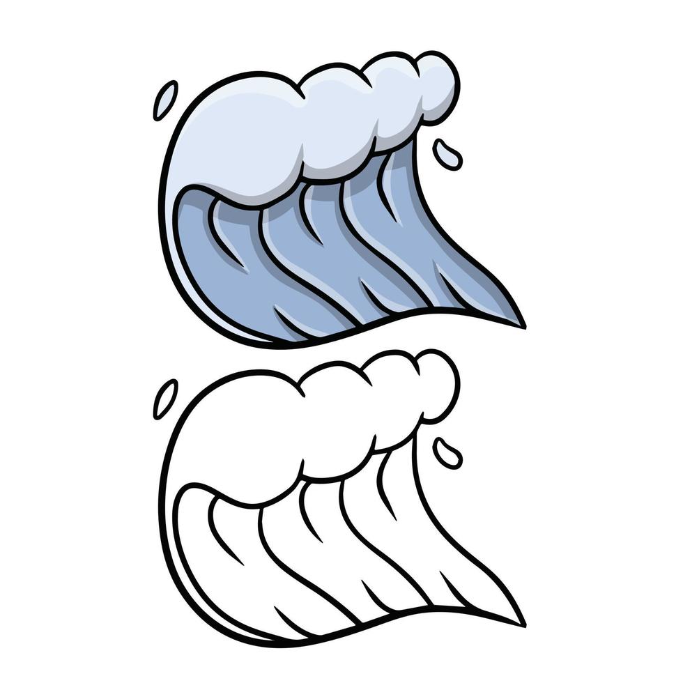 ola. Agua de mar. tormenta y la naturaleza del océano. ilustración de dibujos animados y croquis aislado en blanco. salpicadura y flujo de logotipo azul vector