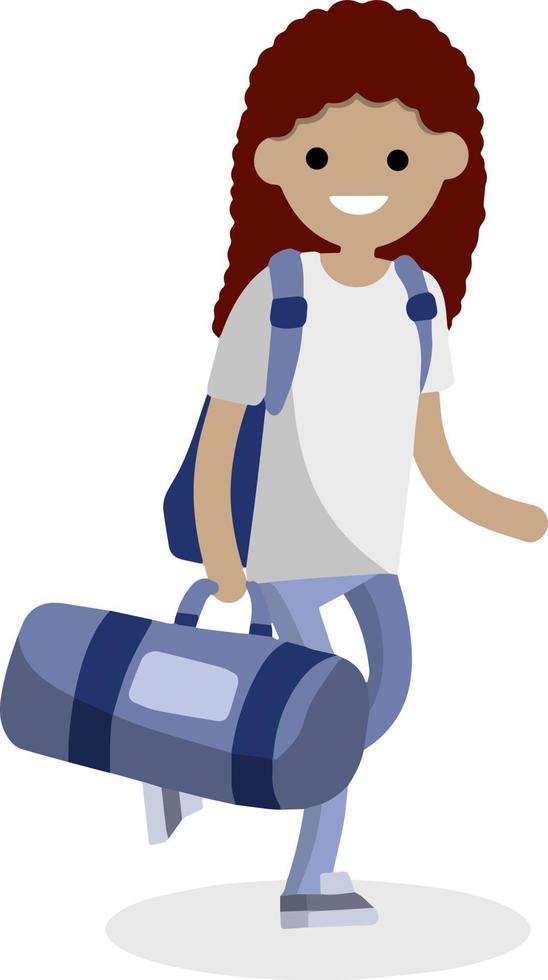 Girl runs with a big blue sports bag. vector