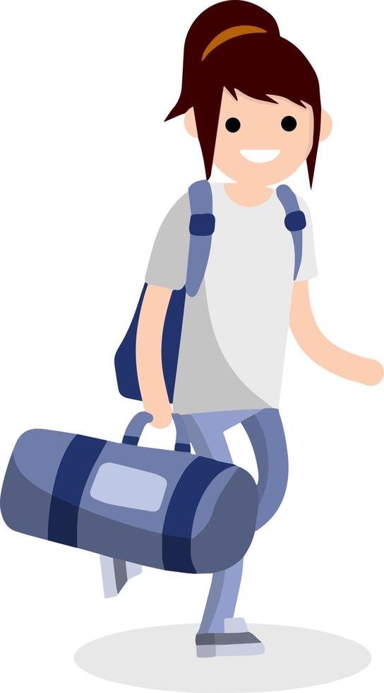 Girl runs with a big blue sports bag. vector