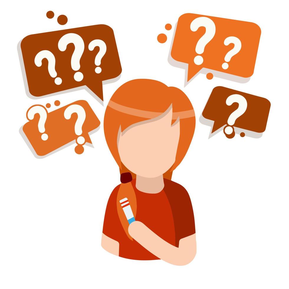 Pregnancy test. Girl holds the analysis result. Concept of Beginning of motherhood. Question and doubt. Choice of future. Young woman. Flat cartoon. Two strips vector
