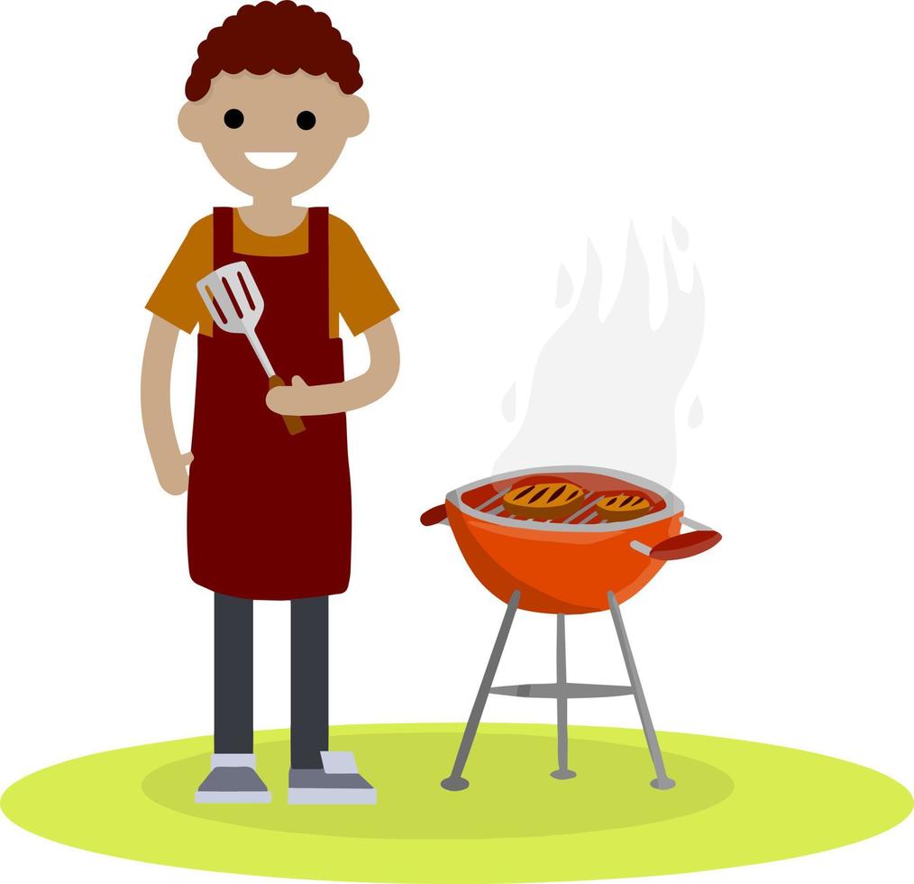Man prepares barbecue meat on a grill over fire. vector