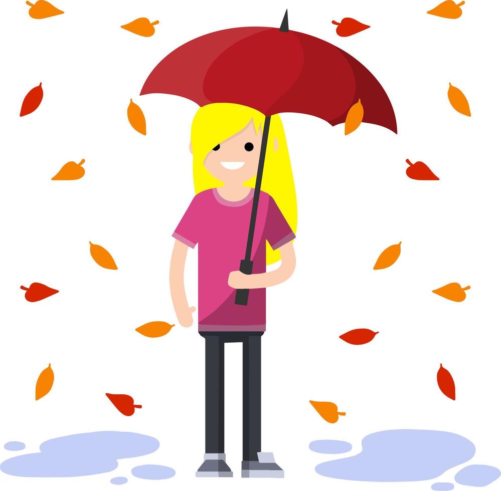 Young woman standing in the rain with umbrella. Fall of orange and red autumn leaves. Cartoon flat illustration. Protection from Bad windy weather vector