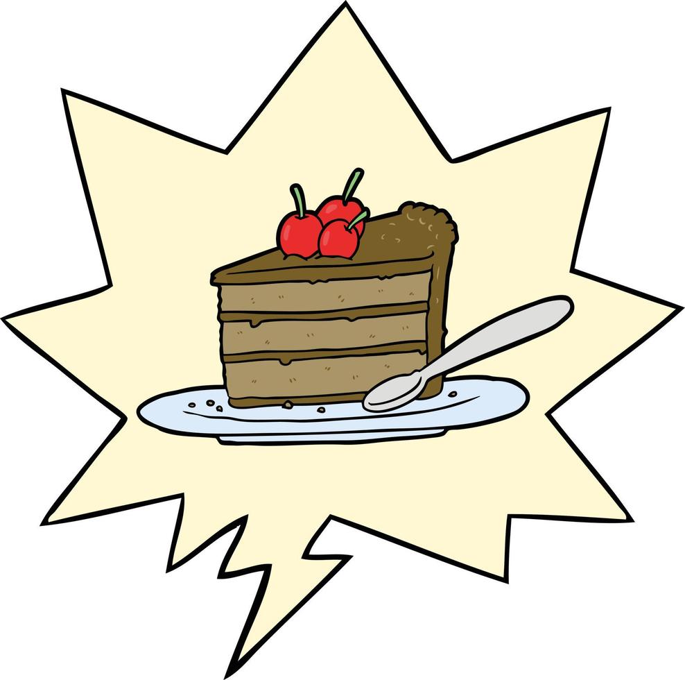 caricatura cara rebanada de pastel de chocolate y burbuja del habla vector