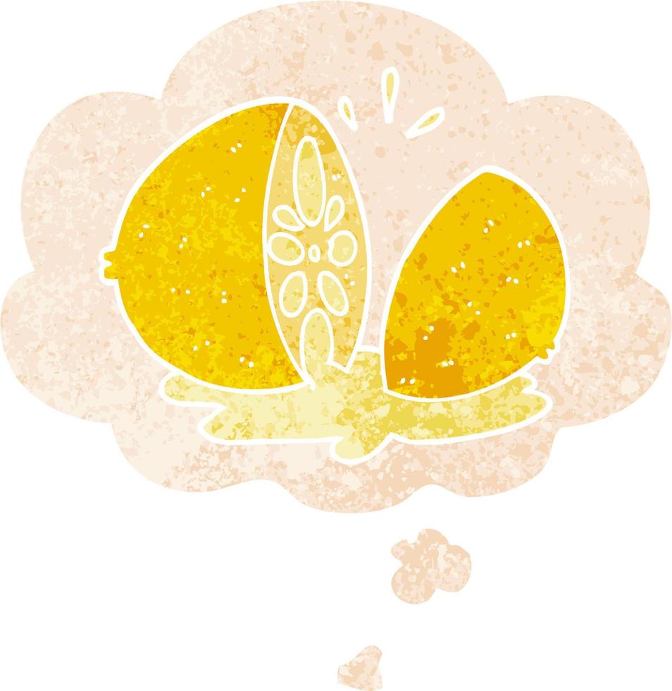 cartoon cut lemon and thought bubble in retro textured style vector