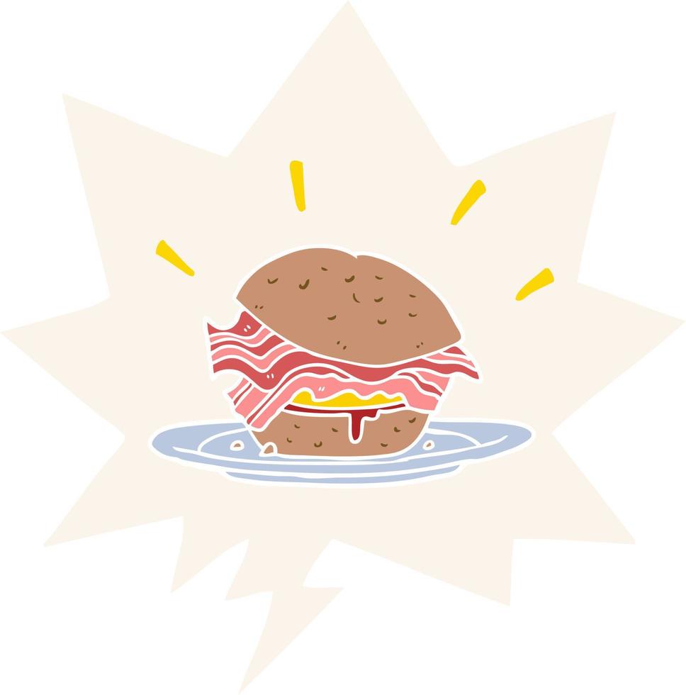 dibujos animados increíblemente sabroso tocino desayuno sándwich y queso y burbuja del habla en estilo retro vector