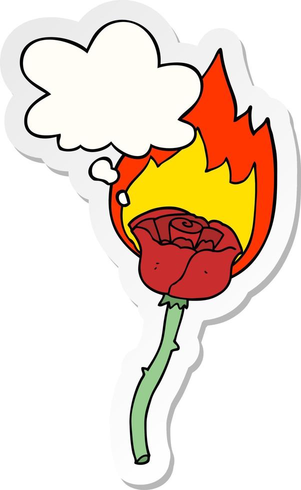 cartoon flaming rose and thought bubble as a printed sticker vector