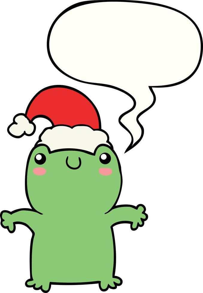 cute cartoon frog wearing christmas hat and speech bubble vector