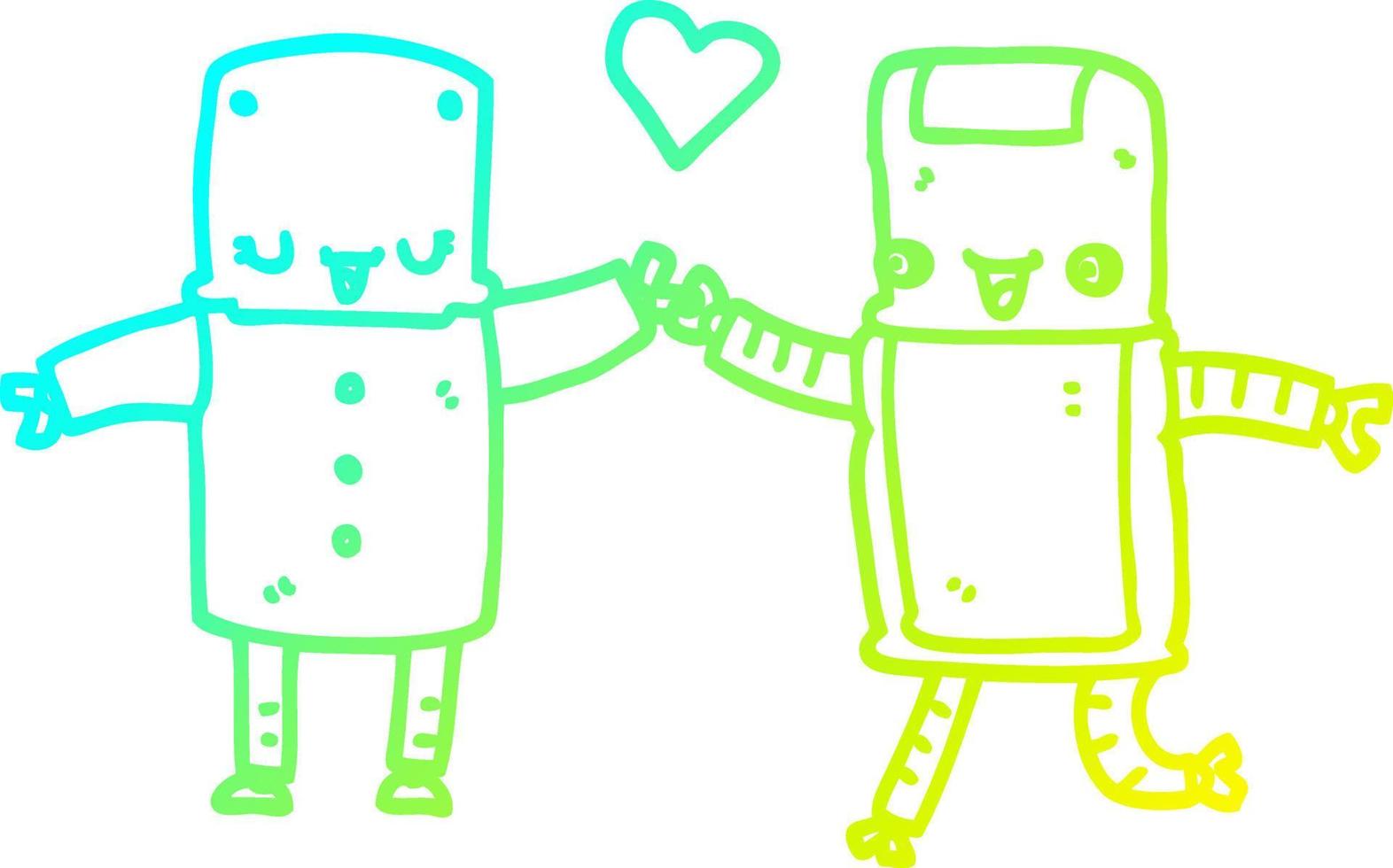 línea de gradiente frío dibujando robots de dibujos animados enamorados vector