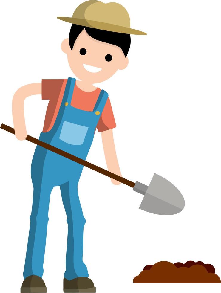 Man farmer with shovel dig ground bed vector