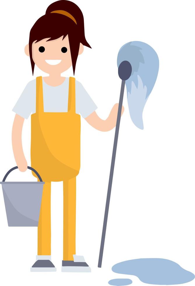 mujer limpiadora con un balde de agua y un trapeador. chica con uniforme amarillo vector