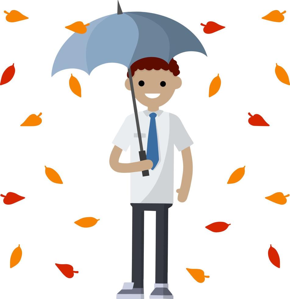 Young african man standing in the rain with umbrella. Fall of orange and red autumn leaves. Cartoon flat illustration. Protection from Bad windy weather vector
