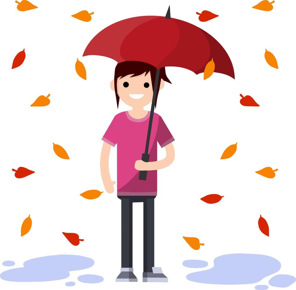 mujer joven de pie bajo la lluvia con paraguas. caída de hojas de otoño naranjas y rojas. ilustración plana de dibujos animados. protección contra el mal tiempo ventoso vector