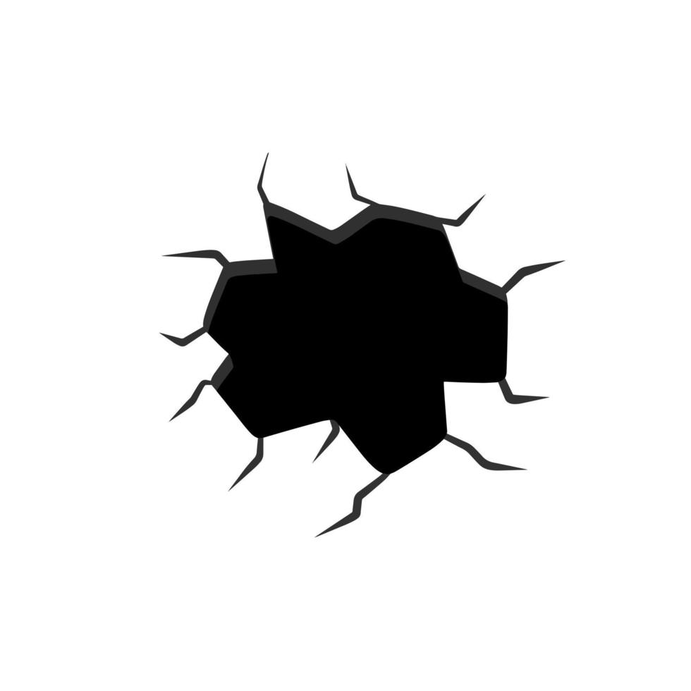 Hole. Black and white drawing. Crack in wall. Breakage and damage. The background element. Cartoon illustration vector