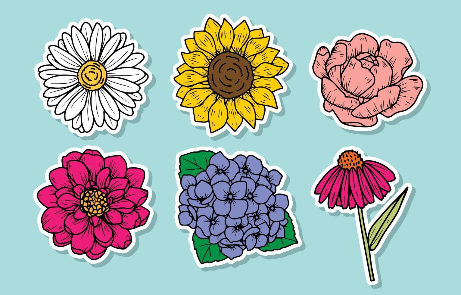 colección de pegatinas de flores de verano dibujadas a mano vector