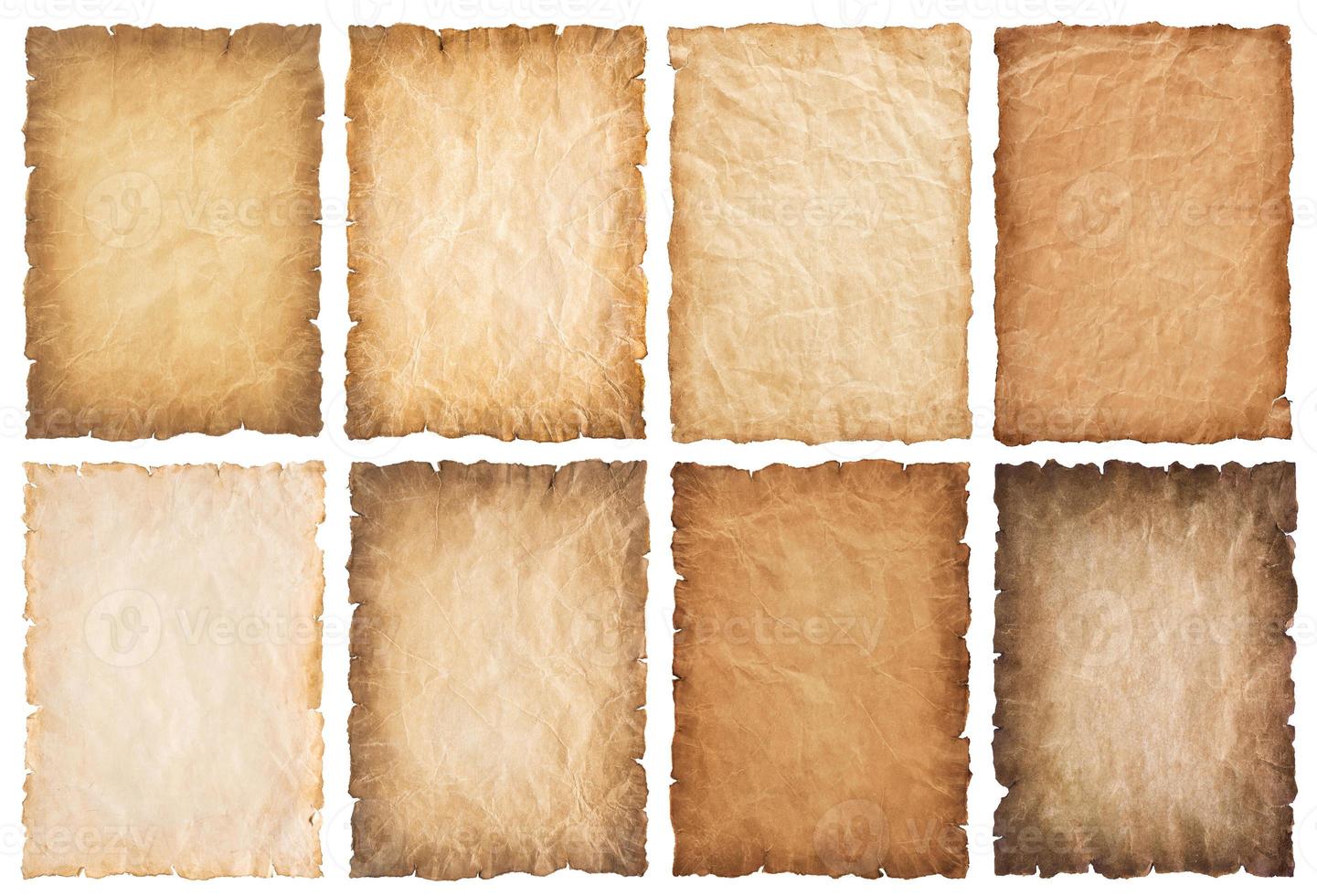 collection set old parchment paper sheet vintage aged or texture isolated on white background photo