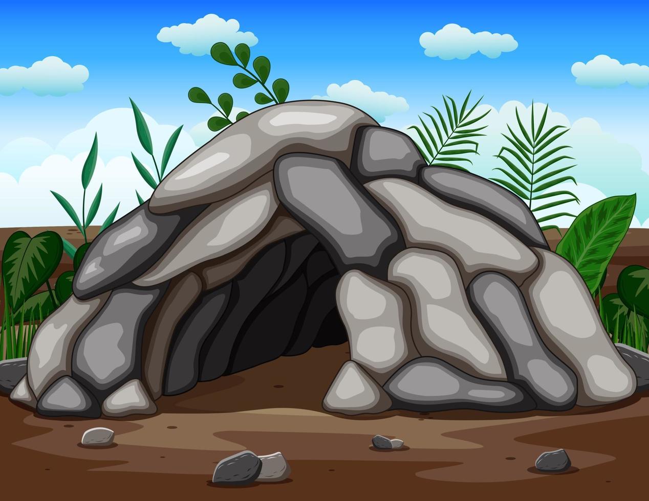 escena de paisaje en blanco de la cueva en el bosque vector