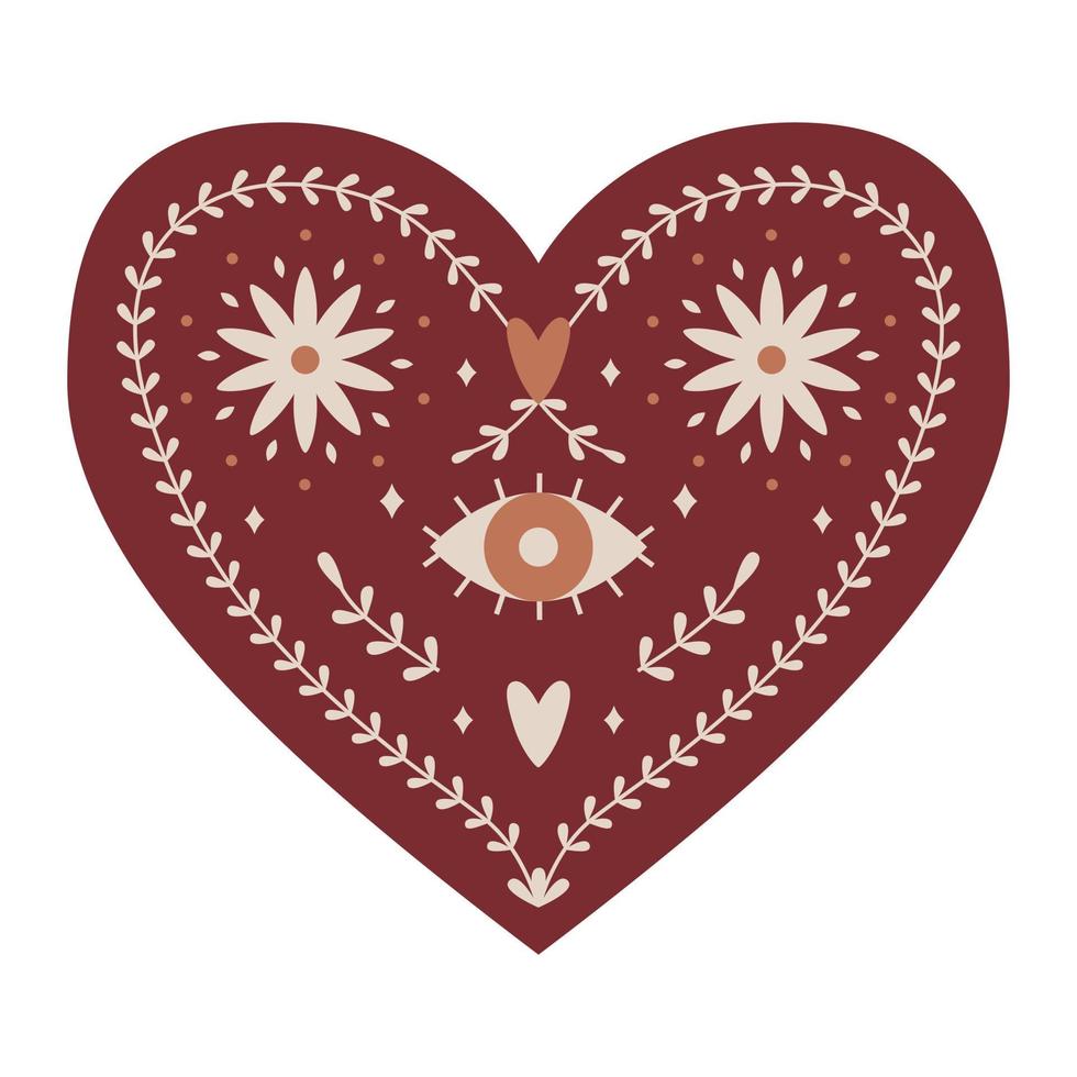 Symmetrical Mystical Heart with boho elements, eye, flowers, hearts and twigs. Decorative element for Valentine's day cards, packaging design. Color vector illustration isolated on a white background.