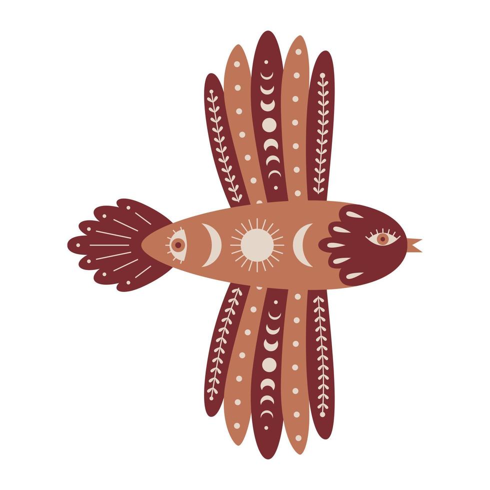 A flying beige-brown bird with folk, celestial elements, twigs, moon, sun, eye. A mysterious decorative element for design. Color vector illustration isolated on a white background.