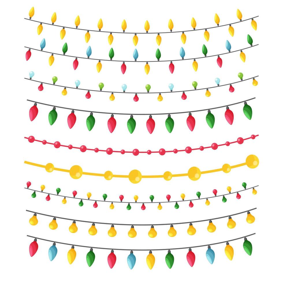 A set of different garlands in a flat style for decorating Christmas cards, invitations, leaflets, banners. Color vector illustration in flat style, isolated on a white background