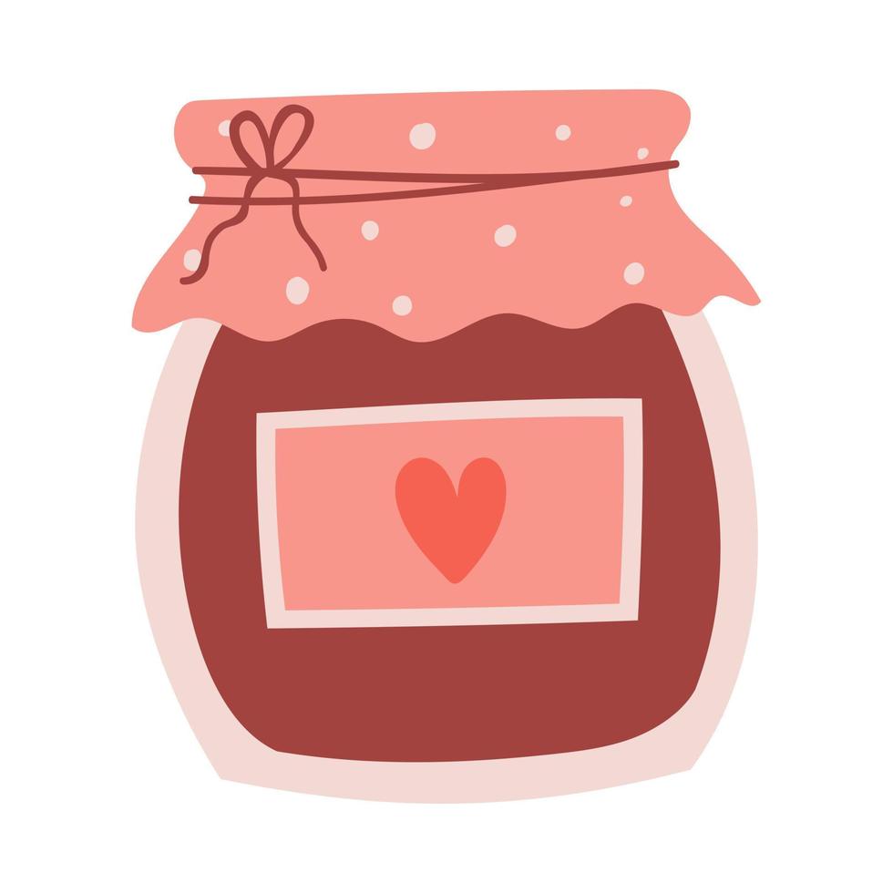 A jar of jam and a paper label with a heart. Sweet food. Cute decorative element for Valentine's Day cards. Simple flat color vector illustration isolated on white background.