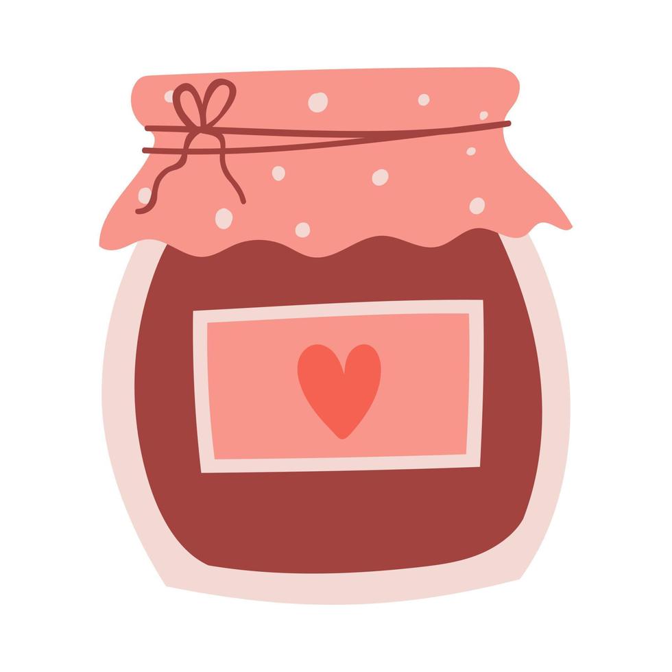 un tarro de mermelada y una etiqueta de papel con un corazón. comida dulce. lindo elemento decorativo para tarjetas de san valentín. ilustración de vector de color plano simple aislada sobre fondo blanco.