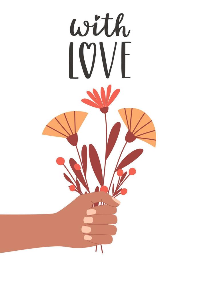 A postcard with a hand holding a bouquet of simple flowers and a handwritten phrase - With love. A symbol of love, romance, Valentine's Day, gratitude. Color vector illustration on a white background.