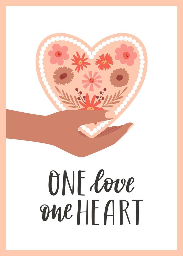 A postcard with a hand holding a flower heart and a handwritten phrase - One love one heart. A symbol of love, romance, Valentine's Day. Color vector illustration isolated on a white background.