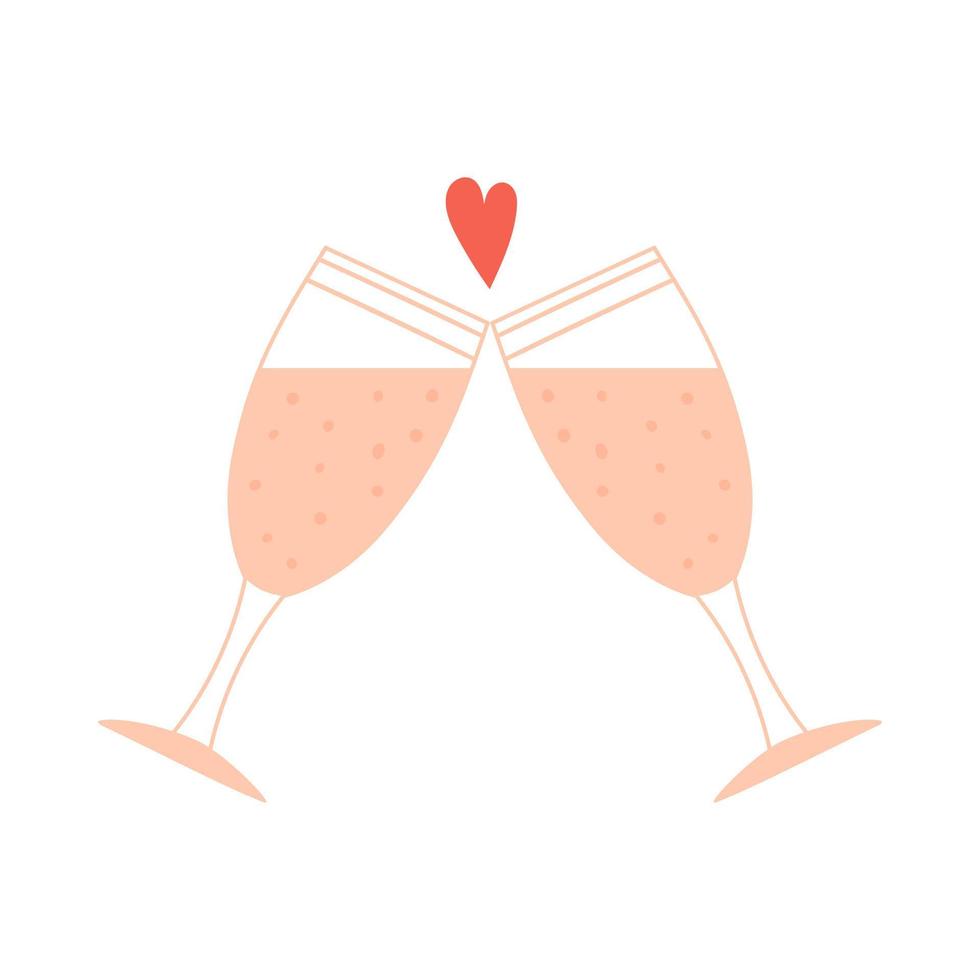 Two glasses clink. Drink, wine, symbol of romance, love. A decorative element for Valentine's Day. Color vector illustration isolated on a white background.