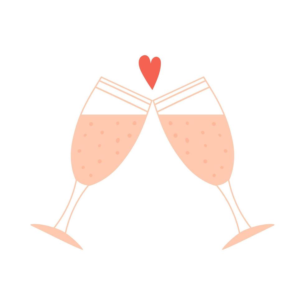 dos vasos tintinean. bebida, vino, símbolo de romance, amor. un elemento decorativo para el día de san valentín. ilustración vectorial de color aislada en un fondo blanco. vector