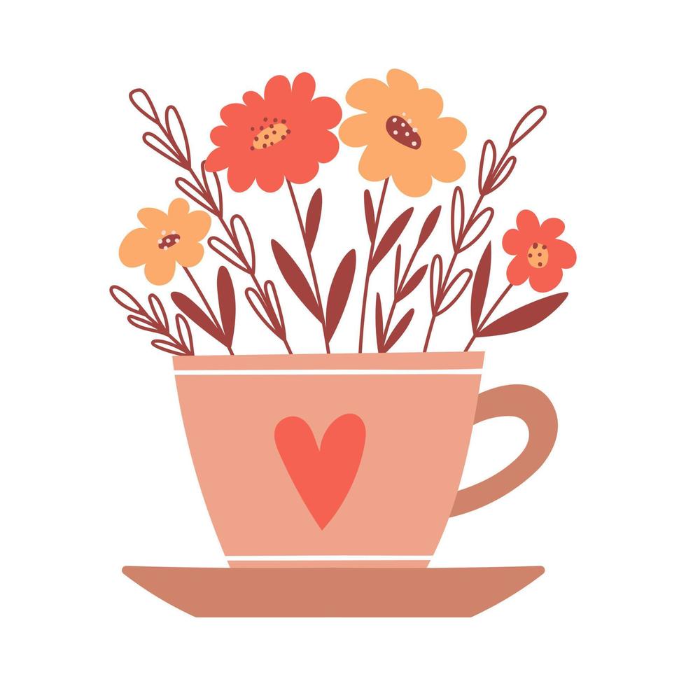 Bouquet with simple red and yellow flowers and twigs in a cup with a heart and saucer. Decorative element for Valentine's Day cards. Simple flat color vector illustration isolated on white background.