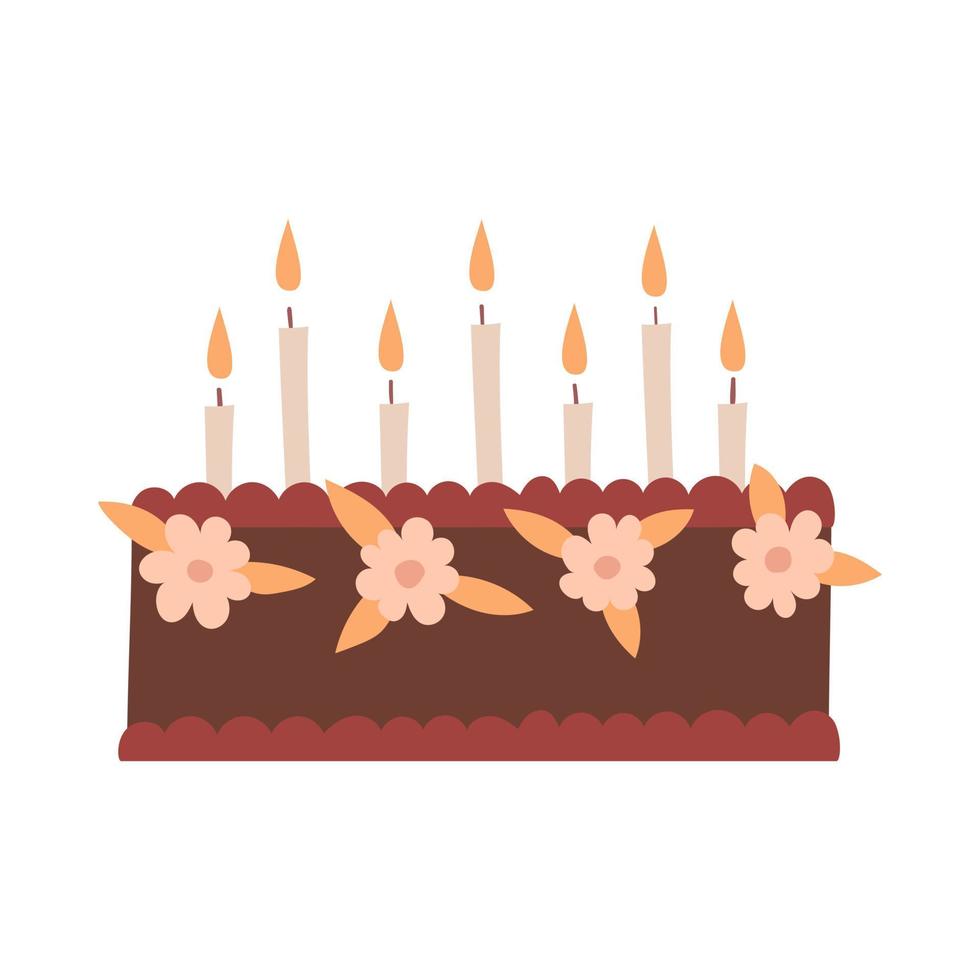 toda una tarta de cumpleaños con flores, nata y velas. comida dulce, pasteles. elemento decorativo para el día de san valentín, cumpleaños. ilustración de vector de color plano simple aislada sobre fondo blanco.