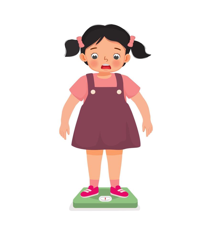overweight cute little girl with body fat standing on the weighing scale look surprise when measuring her weight vector