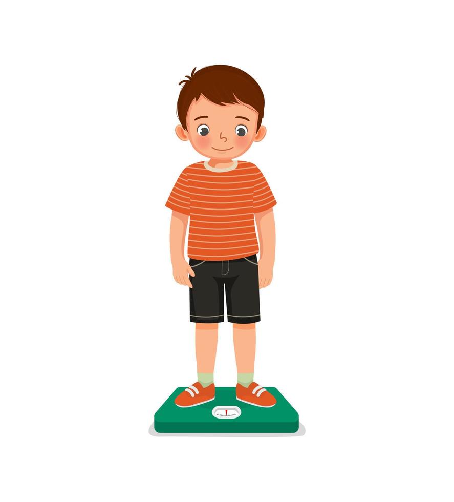 cute little boy child standing on the weighing scale checking his weight vector