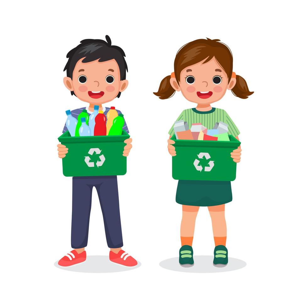 happy child kids little boy and girl holding recycling bin container full of plastic bottles and papers garbage for waste sorting vector